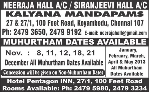 November 3-9, 2012 MAMBALAM TIMES Page 7 SPECIAL CLASSIFIED ADVERTISEMENTS Classified Advertisements under the heads Accommodation Required, Old Age Home, Marriage Hall, Mini Hall, Real Estate