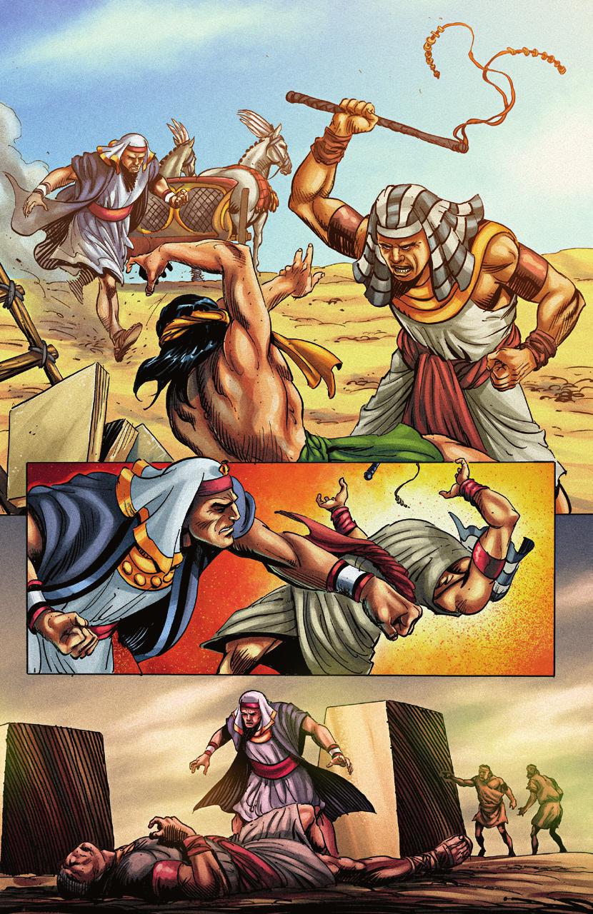 moses jumps from his chariot to investigate and finds an egyptian guard beating a hebrew slave. The next day Moses returns. When he sees two Hebrews fighting, he tries to stop them.