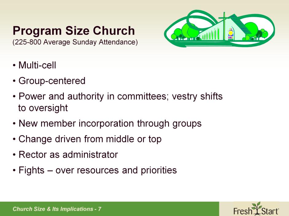 Program Size churches account for 15% of the congregations and 23% of the worshippers. At this size resources are available to create a variety of programs and multiple member staffs are common.