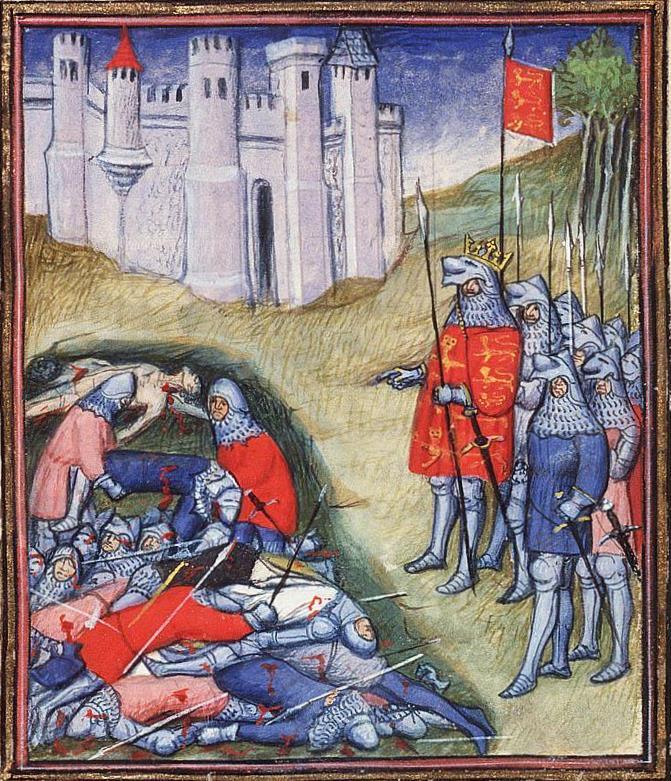 thought his soldiers fled because they were cowards. He cried: Slay me those rascals! At this command, the French knights killed many of their own men for cowardice.