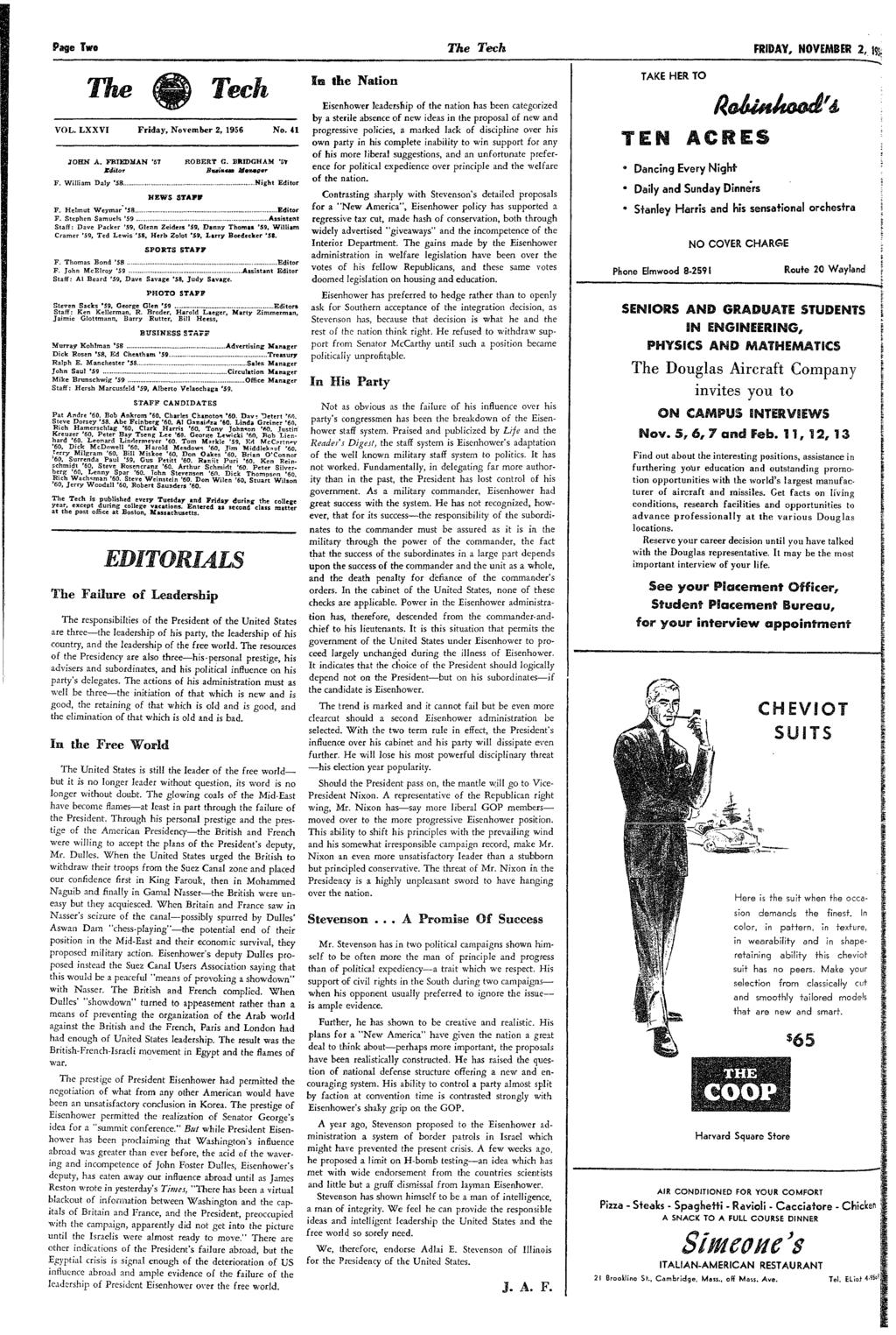 Page Two The qr VOL. LXXV Frday, November 2, 1956 No. 41 JOHN A. FREDMAN '57 ROBERT G. BRDGHAM V5r Edtor Bwsewm Me'ver F. W am D ay '58... N ght Edtor NEWS STAFF Pf. H em ut W eym ar '58... Edtor };.