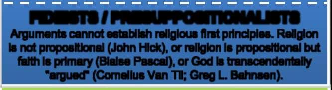 Religion is not propositional (John Hick), or religion is propositional but faith is primary (Blaise Pascal), or God is transcendentally "argued" (Cornelius Van Til; Greg L.