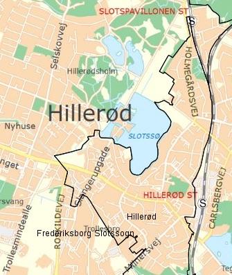 Hillerød, population about 30,000 Inner Hillerød area: Hillerød Kobsted & Frederiksborg Slot Sogne This shows only a portion of these two parishes.