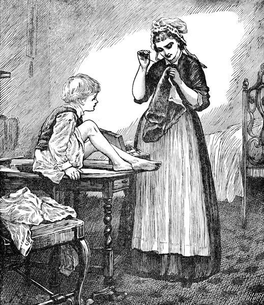 Unsung Hero of the Day A colonial woman sewing her son s pants together.