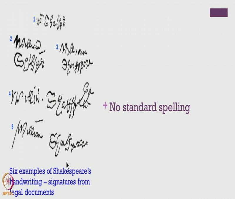 (Refer Slide Time 03:35) an instance of about six examples of Shakespeare's own handwriting which historians have recovered from signatures from legal documents.