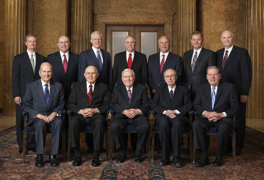 The Quorum of the Twelve Apostles Seated, from left: President Russell M. Nelson, Elder Dallin H. Oaks, Elder M. Russell Ballard, Elder Robert D. Hales, Elder Jeffrey R. Holland.