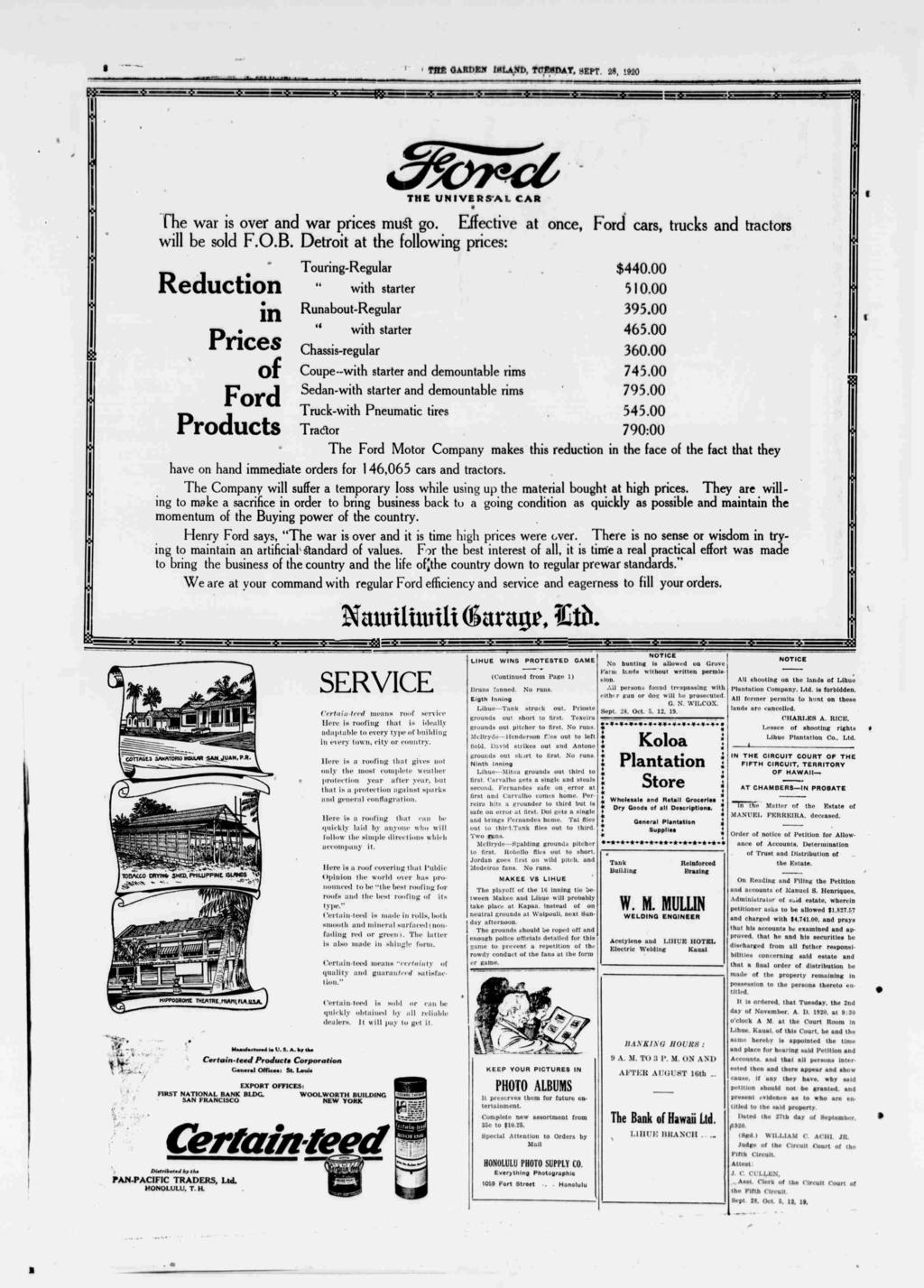 8 Tflf gaudn toatb, fapapa?, sept. 28, 1920 Hff1" "! 8 ff KJ NX ft THE UNVERSAL CAR The war s over and war prces mut go. Effectve at once, Ford cars, trucks and tractors wll be sold F.O.B.