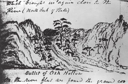 River met the North Platte River. It served as a reference point for the Mormon vanguard pioneers in 1847. D. Jagger, a 49er, made this sketch of the outlet on his journey to California.