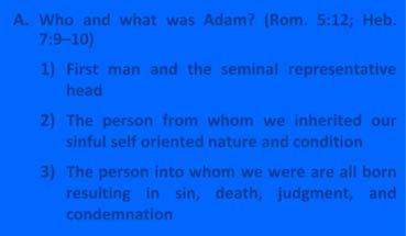I. Our Personal History in the First Adam THE PROBLEM A. Who and what was Adam? (Rom. 5:12; Heb.