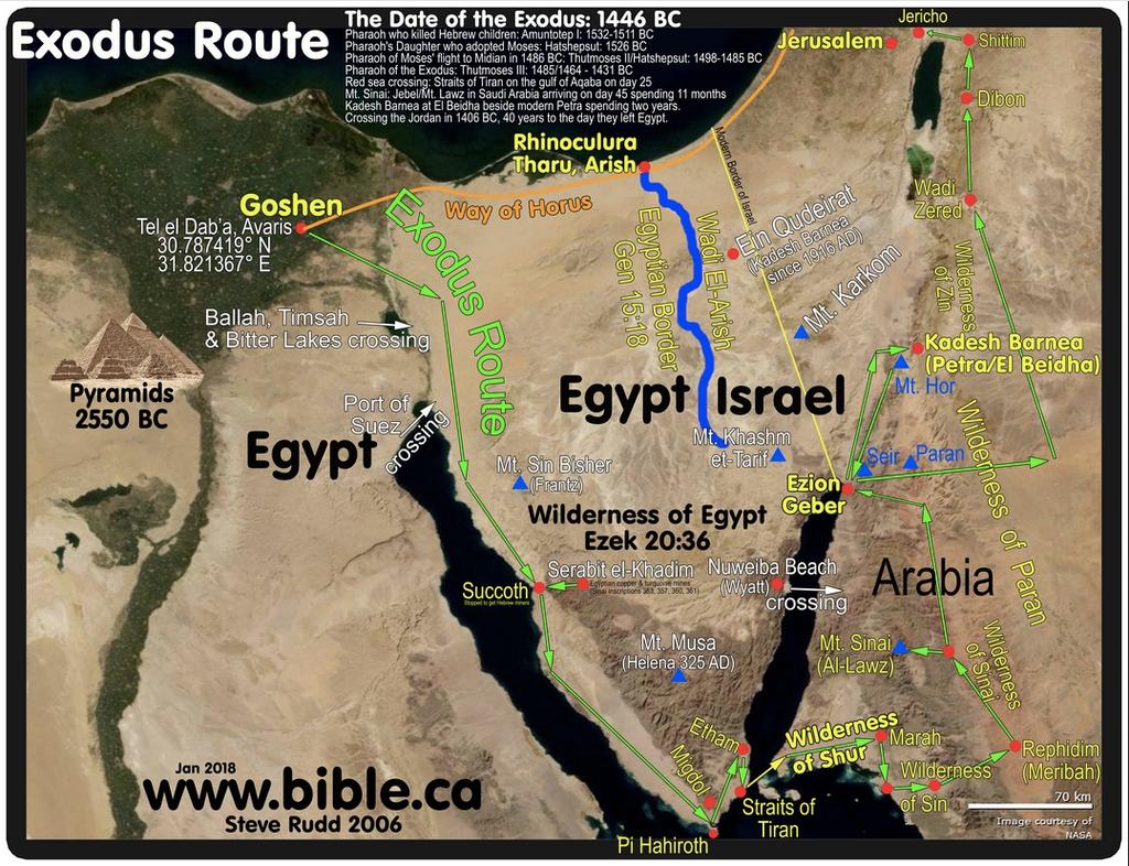 The Books of Moses 14 Figure 4: Straits of Tiran Exodus and Crossing, by Steve Rudd. Note the great distance to the Straits and the doubling back from Etham.