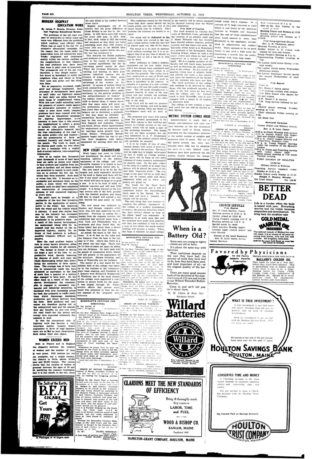 PAGE SIX HOULTON TIMES, WEDNESDAY, OCTOBER 12, 1921 modern hghway EDUCATION WORK By James F.