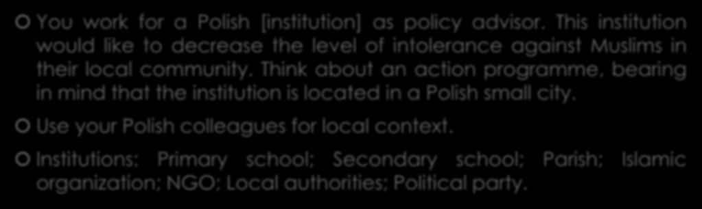Think about an action programme, bearing in mind that the institution is located in a Polish small city.