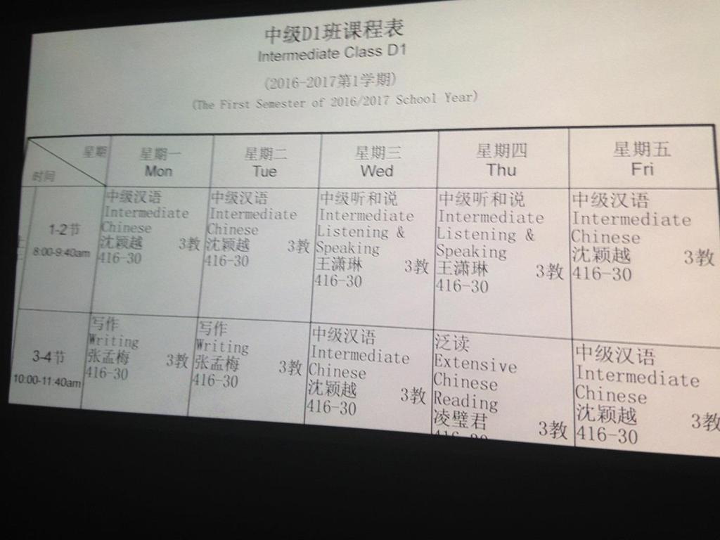 Schedule of the Chinese classes After the classes I usually eat with some of my classmates at one of the several canteens on the campus, or at restaurants close to our school.