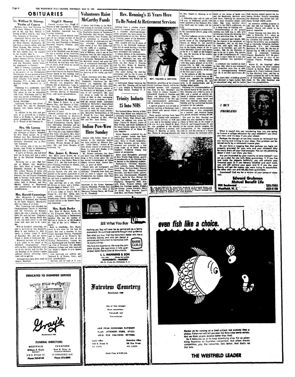Page THE WESTFELD (N.J.) LEADER, THURSDAY, MAY, B8 OBTUARES Ll. Wllam D. Strrup, Vctm of (]un<:er were held Saturday for Frst Leut. Wllnm X Strrup. -. «on of Mr, and Mrs. Wllam A. vsrrup ot fo E.