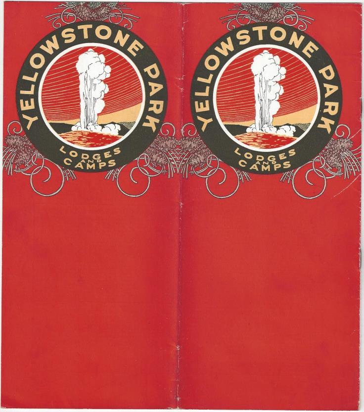 Accomodations in Yellowstone 12- Yellowstone Park Lodges. [Livingston, MT]: [Yellowstone Park Camps Company], (c.1924). 11pp. Square Octavo [23 cm x 20 cm] Red illustrated wrappers. Very good.