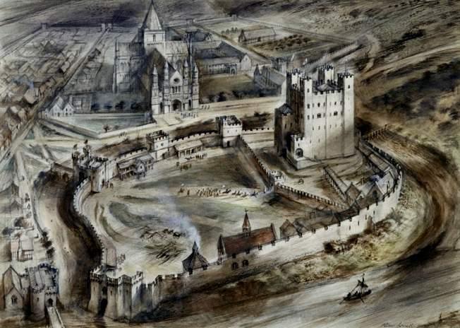 A RECONSTRUCTION DRAWING OF ROCHESTER CASTLE AS IT MIGHT HAVE APPEARED IN THE LATER MIDDLE AGES This was drawn by the artist Alan Sorrell (1904 78) in 1958.