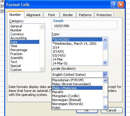 21. Klik pada pilihan Format Cell dan anda akan dipaparkan pada tetingkap yang berikut. Format cell juga boleh dicapai di bar menu menerusi arahan Format > Cell 22.