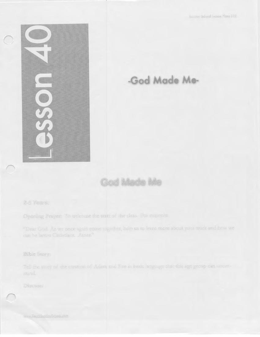 Sunday School Lesson Plans 312 d God Made Me 2-5 Years: Opening
