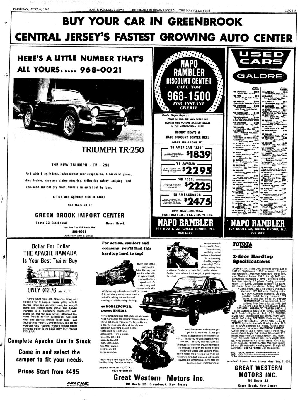 THURSDAY D JUNE 6, 1968 SOUTH SOMERSET NEWS THE FRANKLN NEWS-RECORD TH,E MANVLLE NEWS PAGE 3, BUY YOUR CAR N GRE NBROOK am 1 C!