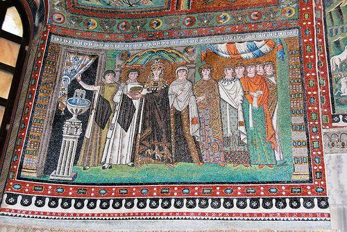 Theodora and Attendants, Saint Vitale, Ravenna 550 Slight displacement of absolute symmetry with Theodora, she plays a secondary role to her husband Richly robed empress and ladies