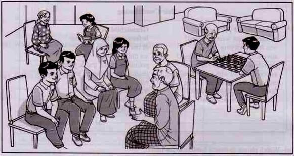 Section D [ 40 marks ] [Time suggested : 45 minutes] Question 6 The picture below shows a visit to an old folks home by a group of students.
