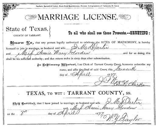 Marriage of Isaac and Annie There is no record about their meeting and courtship and falling in love, but it likely occurred in Fort Worth.
