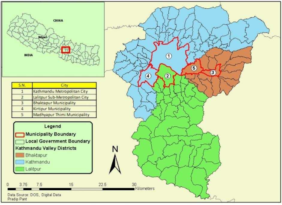 Swayambhu and Bauddhanath and the Hindu temples of PashupatiNath and Changu Narayan. 2 Fig 1. illustration of Kathmandu Valley with its 5 municipalities Source: http://www.eastwestcenter.