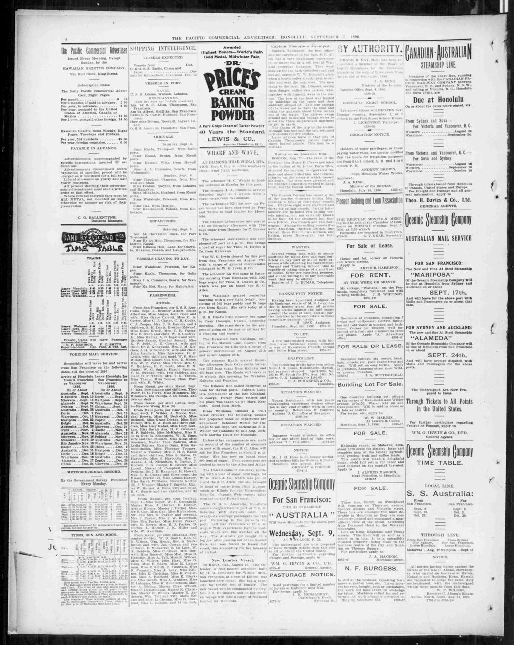m s THE PACFC COMMERCAL ADVERTSER : HONOLULU. SEPTEMBER 896. me Pgclc Commercal Mertse ssued Every Mornng, Ecept Sunday, by the HAWAAN GAZETTE COMPANY, Von Holt Block, Kng Street, Subscrpton Rates.
