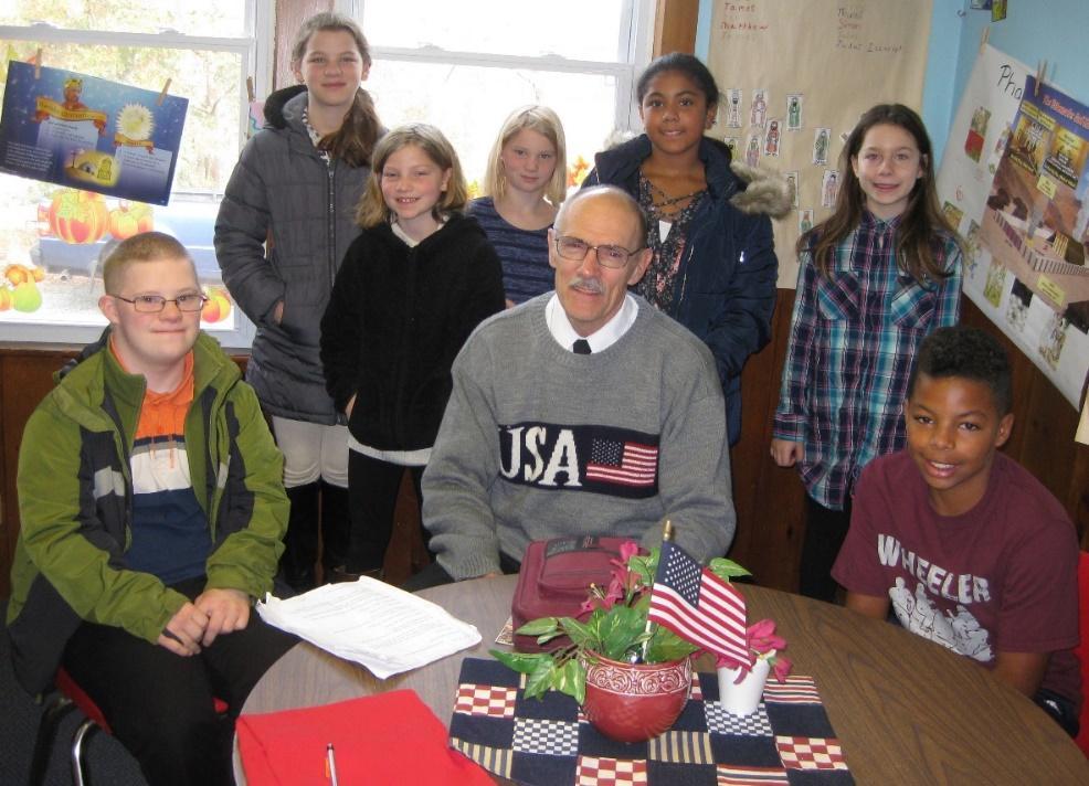 Sunday School Class Grades 4-6 Deacon Guest Speaker Sharon Kennedy, Teacher Wearing a patriotic sweater and carrying his Bible, Deacon Phil Stedman visited our Sunday School Class and shared how over
