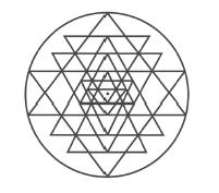 The Sri Yantra is composed of nine interlocking triangles- four triangles pointing up and five triangles pointing down The two biggest triangles touch the outer circle on all three points Except for