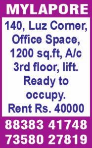 ft, 2 bedrooms, hall, kitchen, 3 rd floor, lift, open car park, 13 year old, Rs. 80 lakhs (negotiable). Ph: 98402 24752, 90944 45556. RENTAL T.