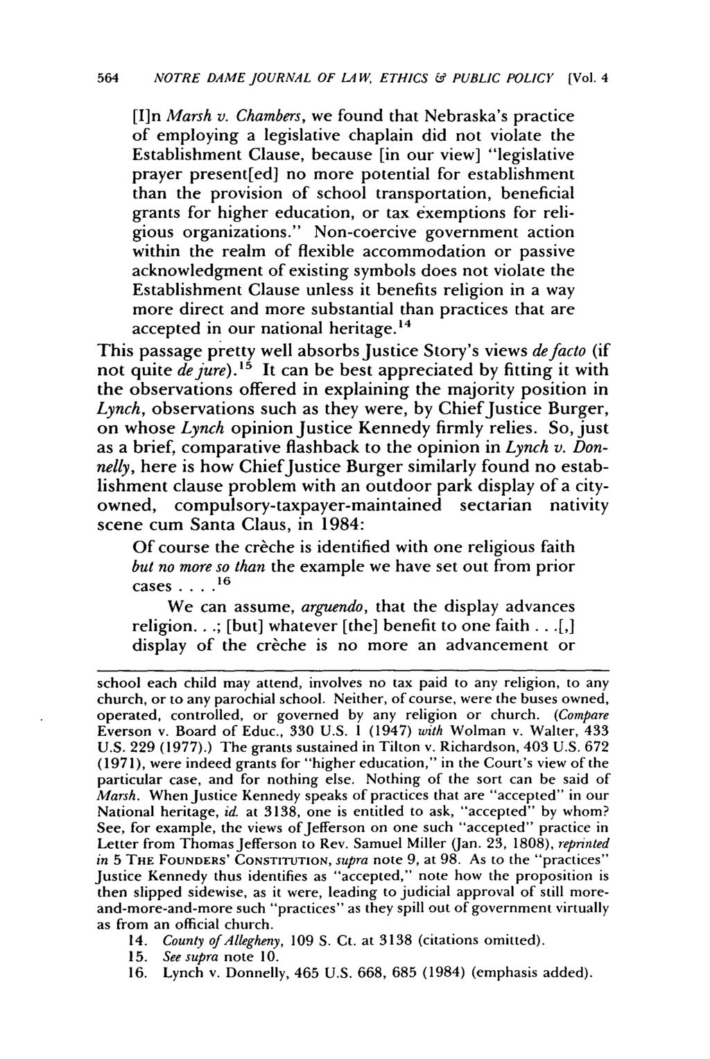564 NOTRE DAME JOURNAL OF LA W, ETHICS & PUBLIC POLICY [Vol. 4 [I]n Marsh v.