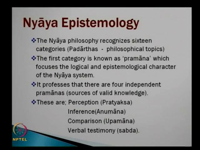 (Refer Slide Time: 21:28) But now, we are focusing on the pramanas, because for them, the first category is known as pramana, which focuses the logical and epistemological character of the Nyāya