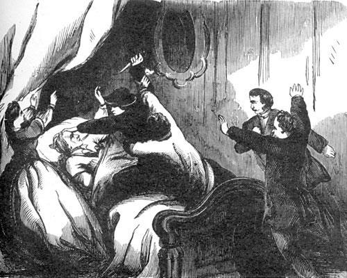 Lincoln s guest, Major Henry Rathbone, attempted to restrain Booth, suffering deep wounds on his arm and chest from Booth s knife.