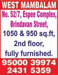 WEST MAMBALAM, Anand Square, Govindan Road, near Srinivasa Theatre, single bedroom, 435 sq.ft, 1 st floor, no lift, 25 years old, 2-wheeler parking, rate Rs. 6000 per sq.
