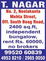 ft, ground floor flat, lift, 10-year old, open car park, price Rs. 53 lakhs (negotiable). Ph: 98417 30667. T. NAGAR, No.