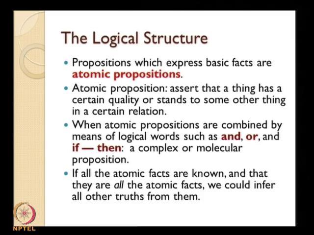 (Refer Slide Time: 39:05) Propositions which express basic facts are atomic propositions, so now we come to his analysis.