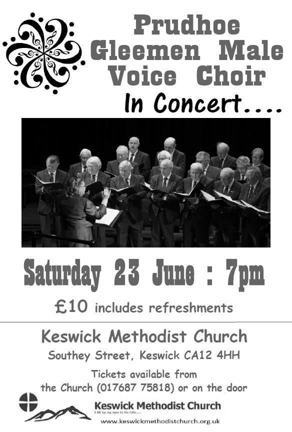 The Prudhoe Gleemen in Concert : Saturday 23 June 7pm Tickets for our first concert in our redeveloped church are now on sale at 10 to include refreshments.