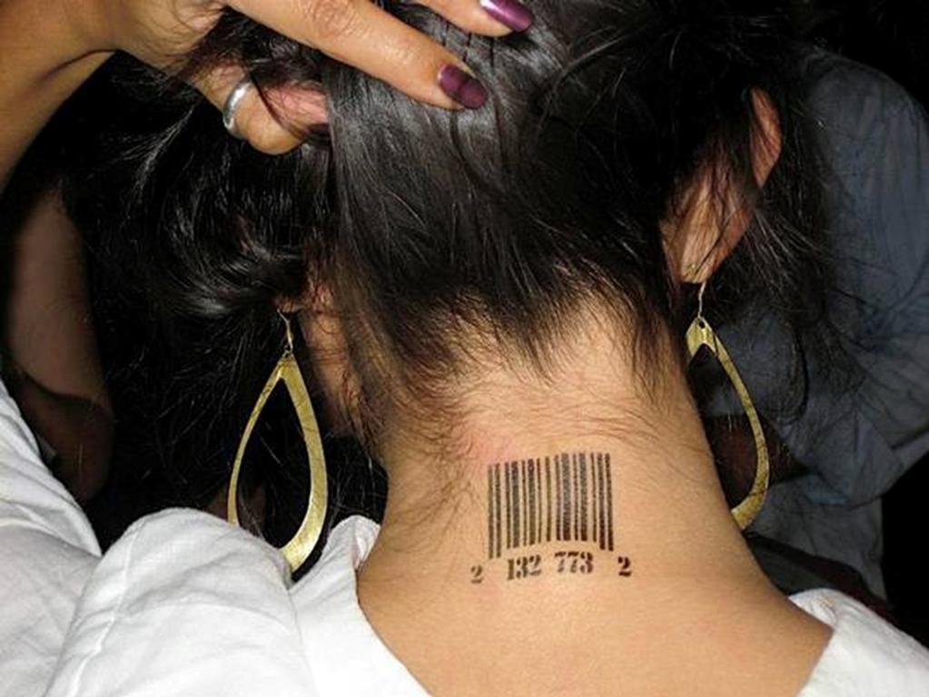 This is a woman who is a victim of human trafficking. Her worth has been reduced and degraded by others to the point of a price and barcode tattooed upon her neck.