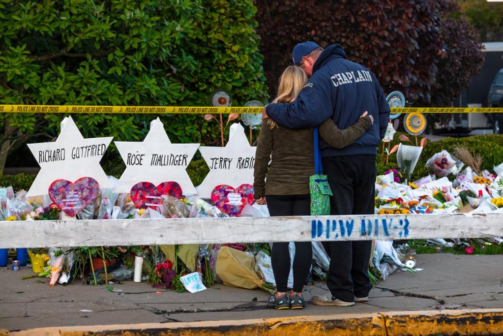 This is Chaplain Bob Ossler providing comfort to a young woman outside of the Tree of Life Synagogue in Pittsburgh on Oct. 30 th 2018.