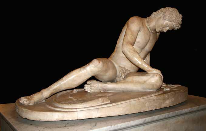 Reversed-mirror image of Dying Gaul (Dying Gladiator), first century BCE Roman marble copy of late third-century BCE Hellenistic bronze original.