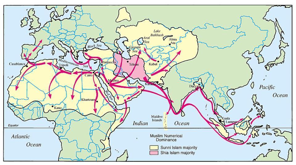 Diffusion Paths of Islam-- Spread mainly by contagious diffusion through 17 th century through Asia,