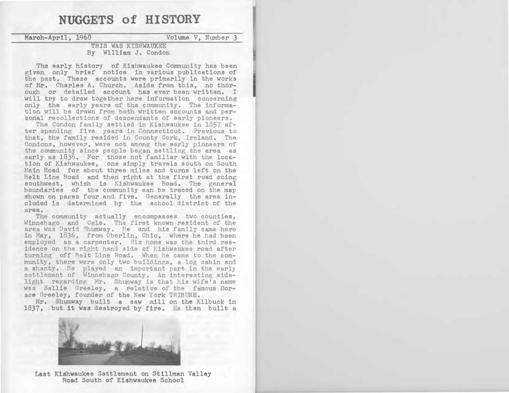 NUGGETS of HISTORY March-April, 1968 Volume V, Number 3 THIS WAS KISHWAUKEE By William J.