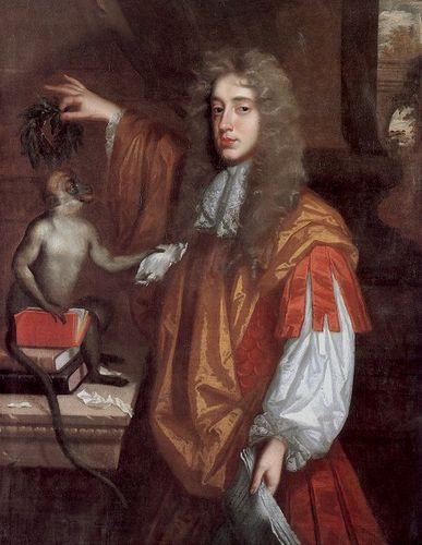 John Wilmot, the Earl of Rochester, probably painted by Jacob Huysmans, around 1675. (Wikimedia Commons). It s not clear exactly what the message of the picture is supposed to be.