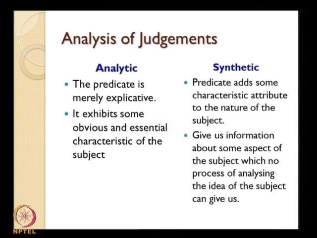 (Refer Slide Time: 42:25) So, now the analysis of judgment, this is again a very important phase in Kant s philosophical contributions.