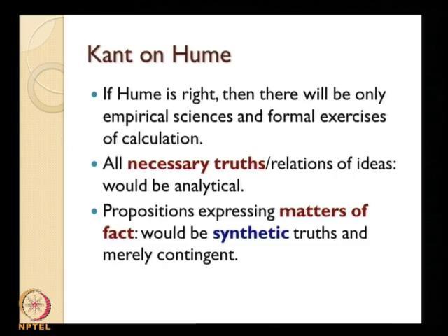(Refer Slide Time: 16:59) So, now when you see what Kant says about Hume to begin our understanding on Kant s contribution, we are to actually see how Kant appropriates Hume or how Kant approaches