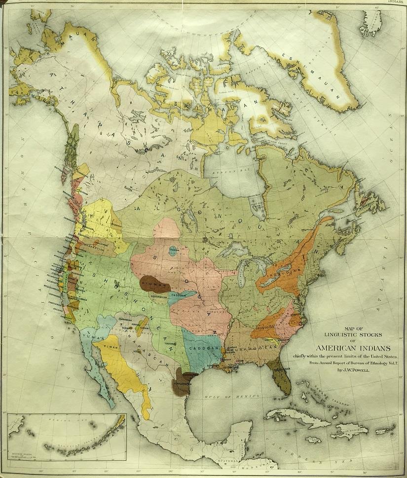 Native American Linguistics 5- Powell, John Wesley. Map of Linguistic Stocks of American Indians Chiefly within the present limits of the United States, from Annual Report of Bureau of Ethnology Vol.