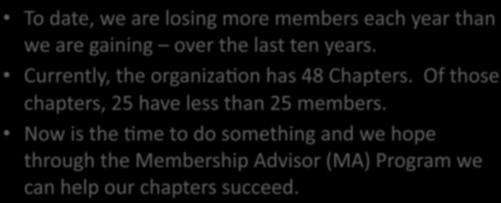 Challenges of Membership To date, we are losing more members each year than we are gaining over the last ten years. Currently, the organiza>on has 48 Chapters.