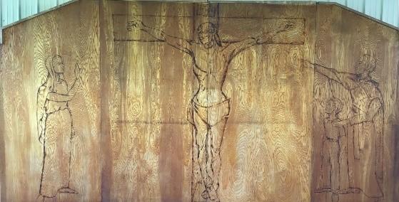 CRUCIFIXION MURAL We are most grateful to Bob Sharp for the beautiful wood panels depicting the crucifixion, which served as the backdrop for our outdoor worship space last weekend.