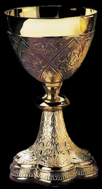 On the lip of the chalice is engraved in Latin, Calicem salutaris accipiam et nomen Domini invocabo.